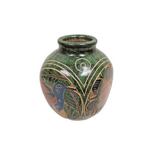 Signed Costa Rica Art Pottery Vase - Turtle And Toucan Bird - 2016 Eduardo 5.5"